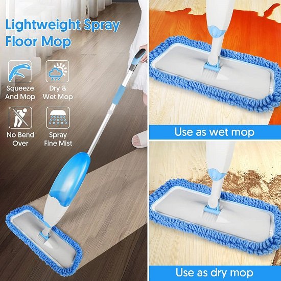 Microfiber Spray Mop for Floor Cleaning with 3 Reusable Mop Pads and 635ml Refillable Bottle, Blue