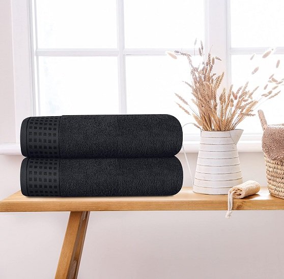 100% Cotton Bath Towel Set 28x55 Inch, Super Soft Highly Absorbent Compact Quick Drying Large Bath Towel - Black (Pack of 2)