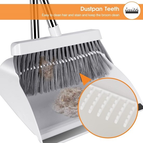 Broom and Dustpan Set, Upright Dustpan with 54" Stainless Steel Long Handle - White + Orange