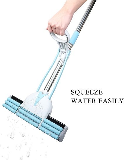 Wet and dry magic sponge mop with wringing function and adjustable handle