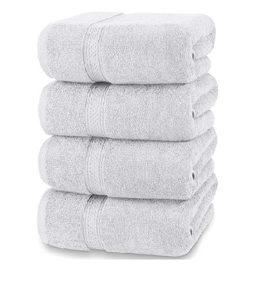 4-Pack Bath Towel Set, (27 x 54 inches) 100% Ring-Spun Cotton, Lightweight, Highly Absorbent Quick-Dry Towels (Silver)